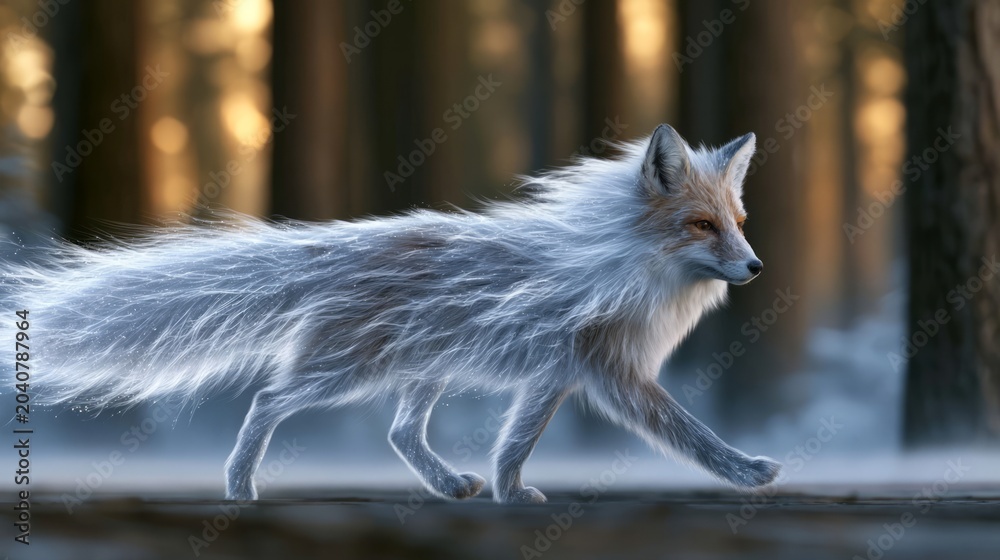 Fototapeta premium Enchanted Forest Scene Featuring a Glowing Crystal Fox Running Through Mystic Nature at Dusk