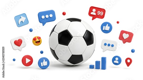 Soccer Ball with Digital Fan Engagement Icons – Modern Sports Marketing Concept on White Background