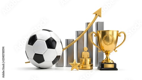 Professional Soccer Ball with Growth Chart and Golden Trophy – Sports Business Success Concept on White Background