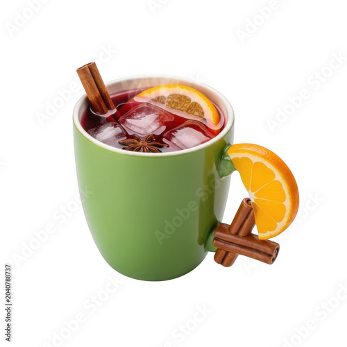 Green mug with hot drink and cinnamon sticks