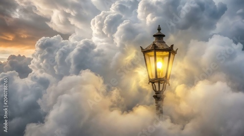 Vintage gas street lamp glowing brightly amidst dramatic, stormy clouds at sunset, ethereal, magical atmosphere.