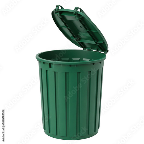 Green outdoor trash bin with lid open on white background