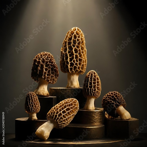 Premium morel mushroom collection showcased in elegant studio lighting