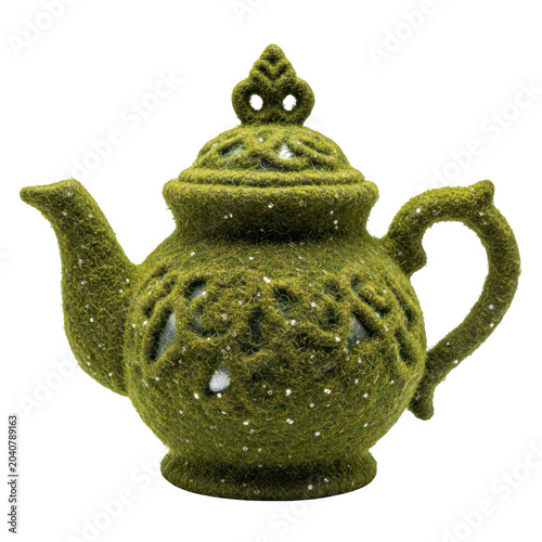 Green ornate vintage teapot with lid and handle