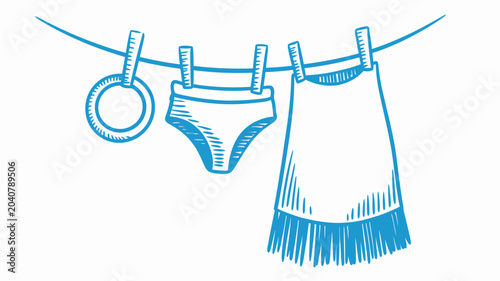 Quadro su tela clothes hanging on line blue line drawing laundry pants skirt ring peg simple il