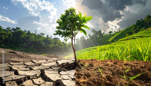Symbolic image of environmental resilience a vibrant green seedling grows from rich soil, starkly juxtaposed against a barren, cracked landscape under a dynamic sky