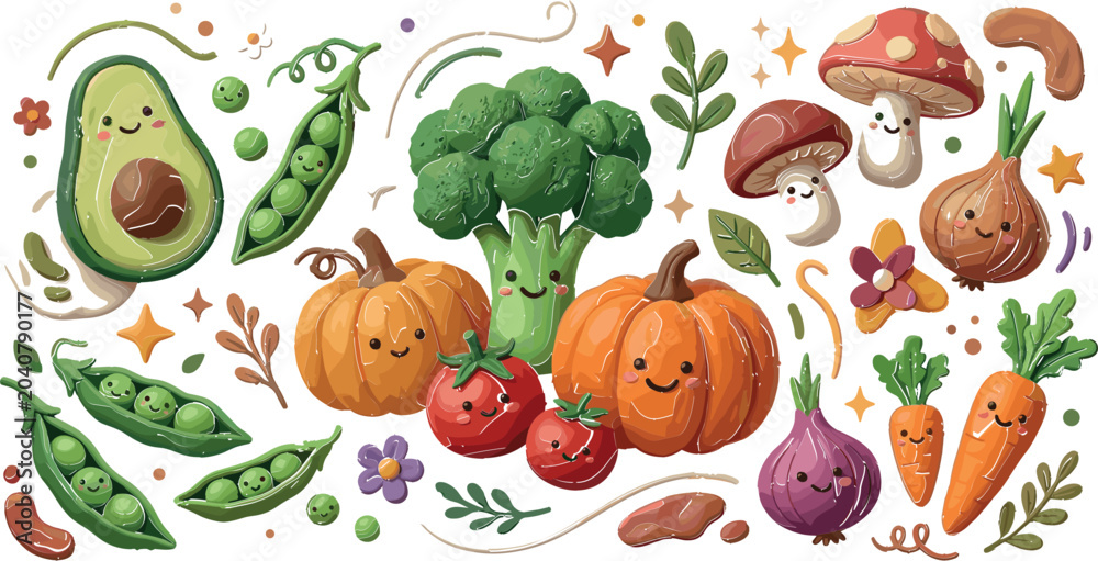 Fototapeta premium Cute Cartoon Vegetable Character Collection with Kawaii Avocado, Broccoli, Pumpkin, Peas, Mushrooms, Onion, Carrots, and Healthy Food Mascots