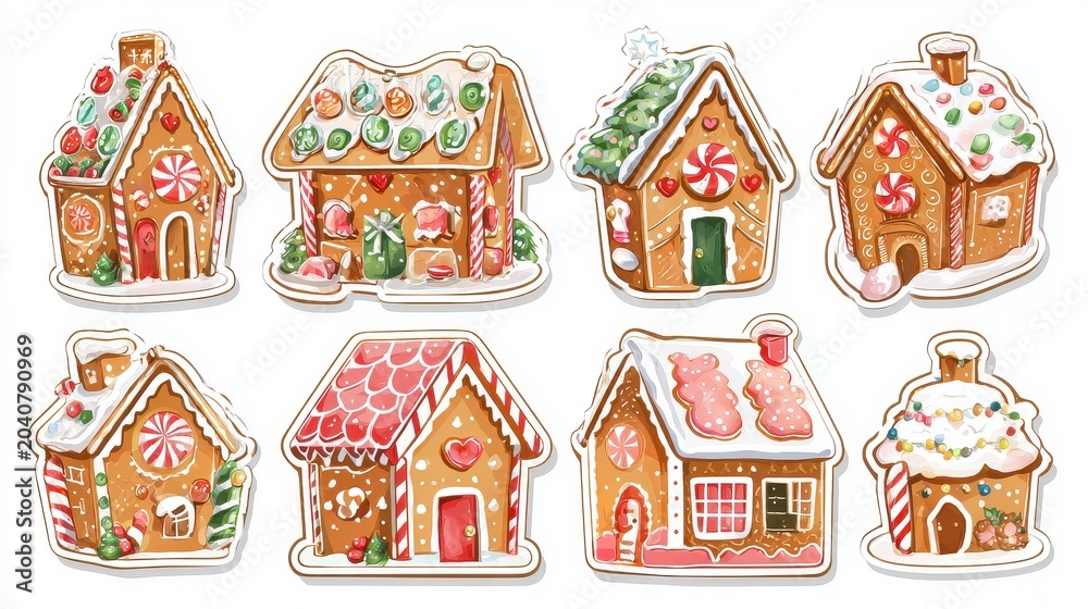 Naklejka premium Design for sticker Gingerbread houses and candy illustration, vibrant colors, Collection of Christmas on white background.