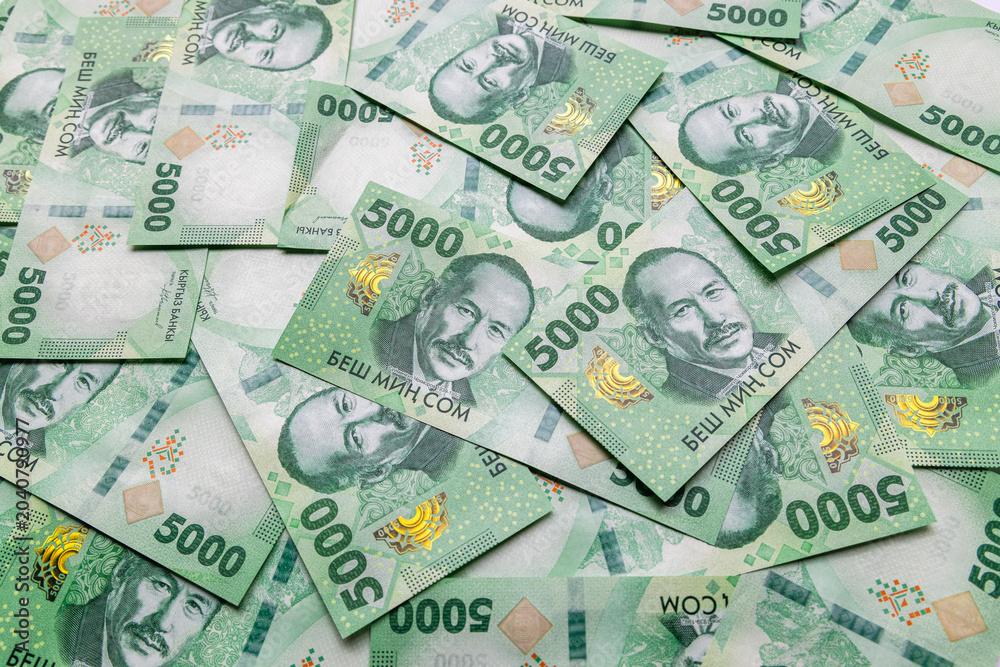 Fototapeta premium Close-up of Pile of 5000 Som Banknotes from Kyrgyzstan