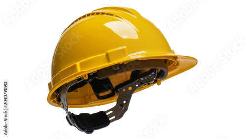 Foto Bright yellow hard hat with adjustable suspension system, isolated on transparen