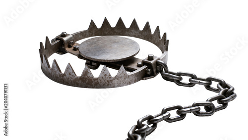 Bild auf Leinwand Metal animal trap with sharp teeth and chain, isolated on transparent background