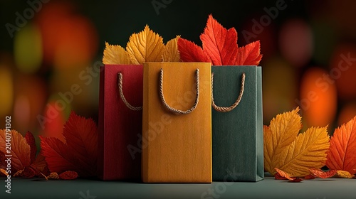 Autumn Shopping Bags with Colorful Fall Leaves and Bokeh Background.