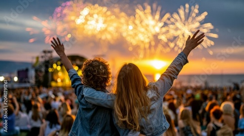 Family Enjoys Fireworks Display at Festival During Sunset from Crowded Beach with Joyful Atmosphere