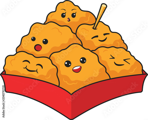 Cute Kawaii Fried Chicken Nuggets Characters in Red Box Cartoon Vector Illustration Design