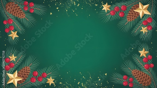 Festive Christmas frame with pine branches, red berries, golden stars, and pinecones on a dark green gradient background with sparkling gold confetti, ideal for holiday greetings, invitations, and