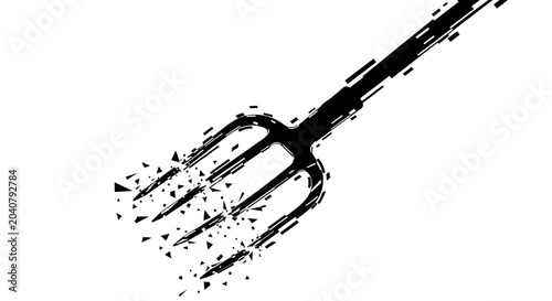 Foto Pitchfork Disintegrating into Geometric Fragments on White Background