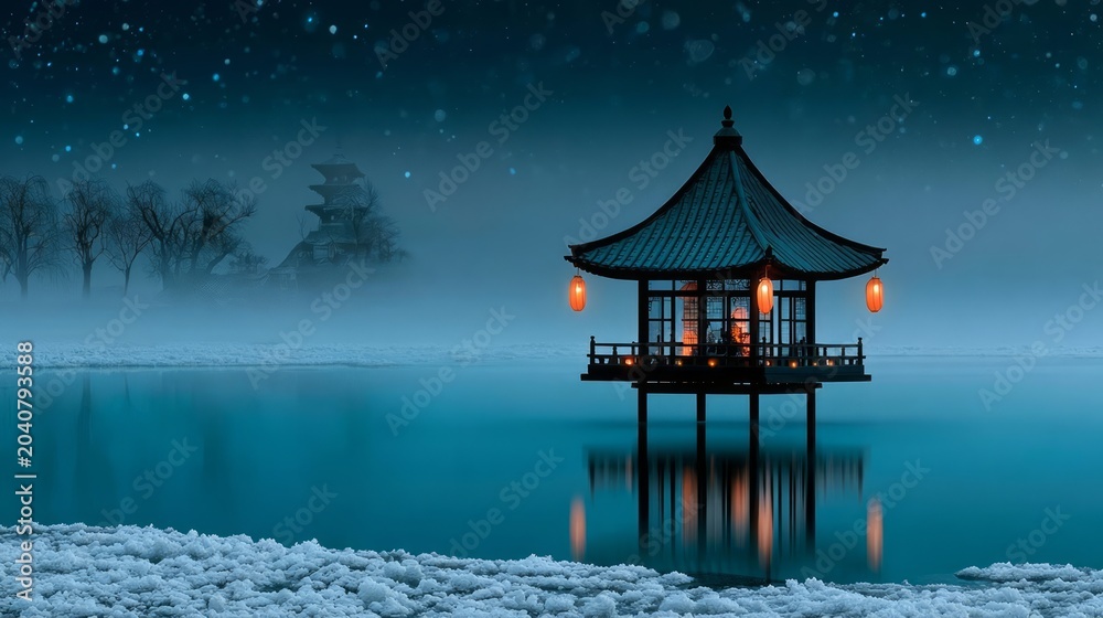 Fototapeta premium Floating Lanterns Above a Serene Temple in a Surreal Frozen Landscape with Calm Water Reflection