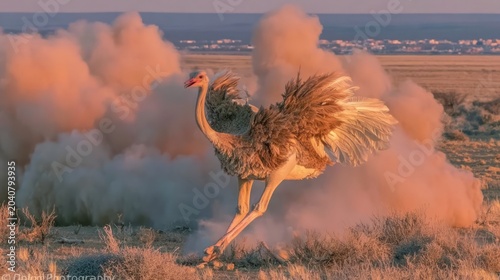 Giant Ostrich Running Across African Desert Plains Kicking Up Dust During Beautiful Sunset Hour