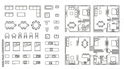 Comprehensive Vector Set of Architectural Floor Plans and Outline Furniture Elements for Interior Design