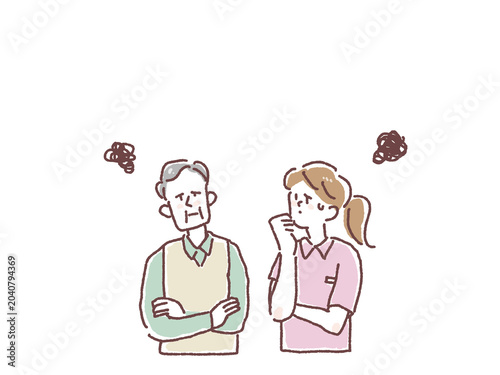 悩みや課題を抱える高齢者と介護士の人物イラスト 