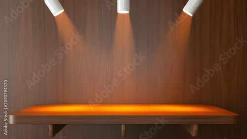 Empty wooden shelf illuminated by three bright spotlights against a rich brown wood wall background, perfect for product display, retail presentation, or elegant showcase mockup. This modern