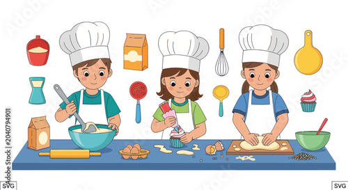 Cuadro en lienzo Children Baking Together, Kids Cooking Fun, Making Dough and Decorating Cupcakes