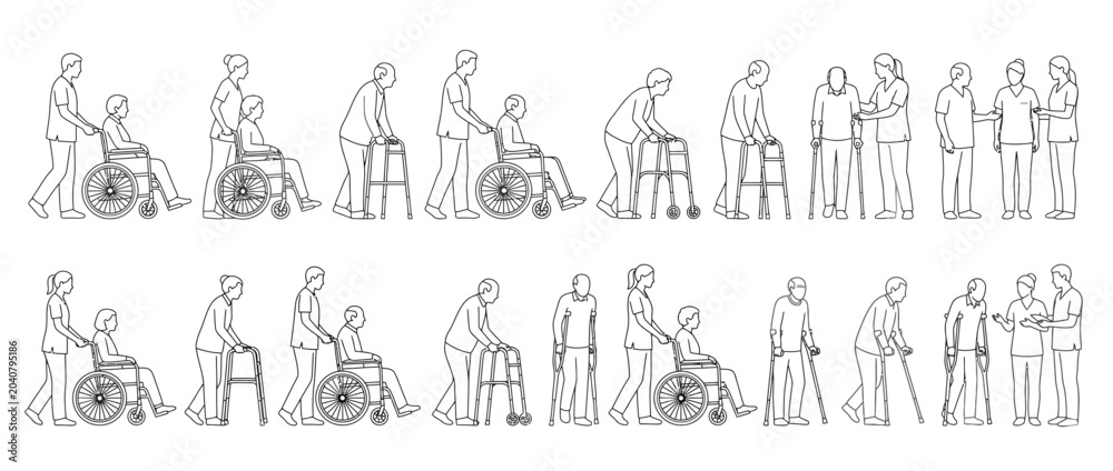 Obraz premium Elderly assistance and mobility aids, a collection of line art illustrations