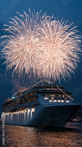Cruise ship illuminated under fireworks over harbor water