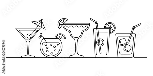 Billede på lærred Line art illustration of assorted tropical cocktails with garnishes like lime sl