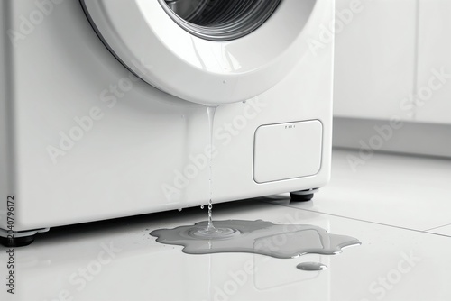 Washing machine leaks water creating a puddle on the floor. Appliance malfunction causes domestic water damage. Requires urgent home repair and cleanup.