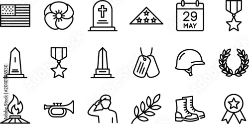 Collection of military and memorial including us flag, poppy, tombstone, folded flag, calendar, medals, obelisk, dog tags, helmet, wreath, eternal flame, bugle, saluting soldier, olive branch