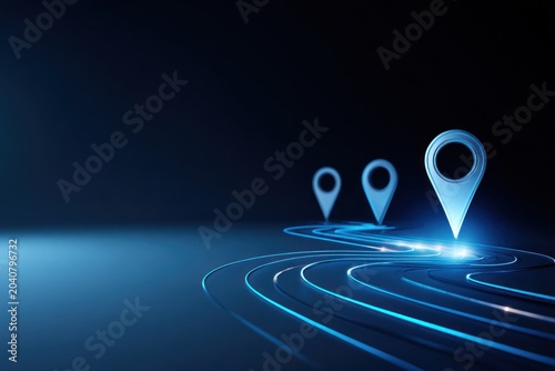 Glowing blue location pins on a dark.