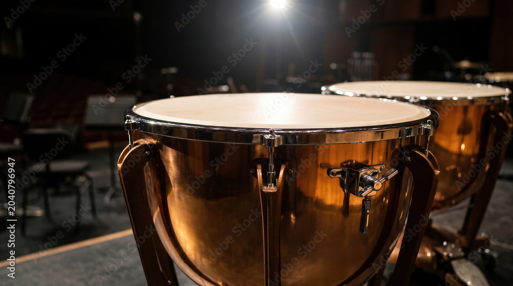Fototapeta premium Close up of professional timpani drums on stage, classical orchestral musical instruments, spotlight in concert hall.