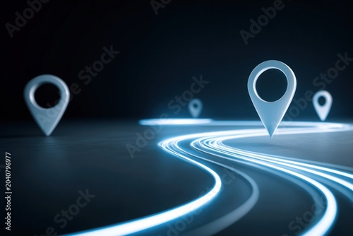 Glowing blue location pins on a dark with neon lines.