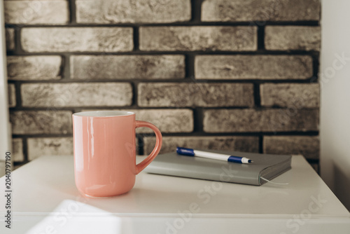 Morning Coffee and Journal on Bedside Table in Cozy Bedroom, Morning routine