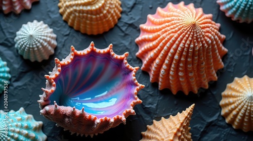 Colorful sea urchin shells arranged on a dark textured surface for a beautiful natural marine collection photography display