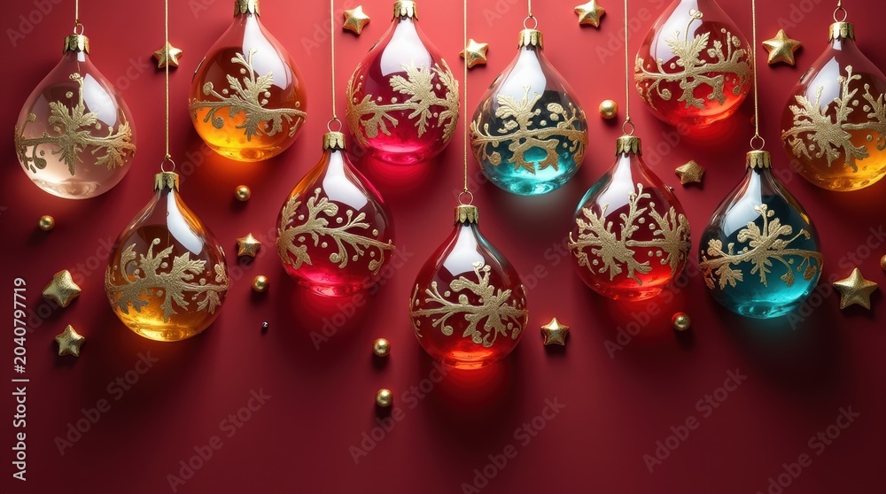 Fototapeta premium Shiny glass Christmas ornaments hanging with gold snowflake decorations against a deep red festive holiday background