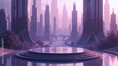 Empty stage platform for product display in front of a modern purple futuristic city skyline with tall glass towers