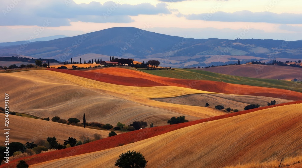 Fototapeta premium Rolling hills landscape with colorful fields, trees, distant mountains under cloudy sky. Peaceful countryside scenery with farmhouses dotting horizon. This panorama displays agrarian beauty, nature.