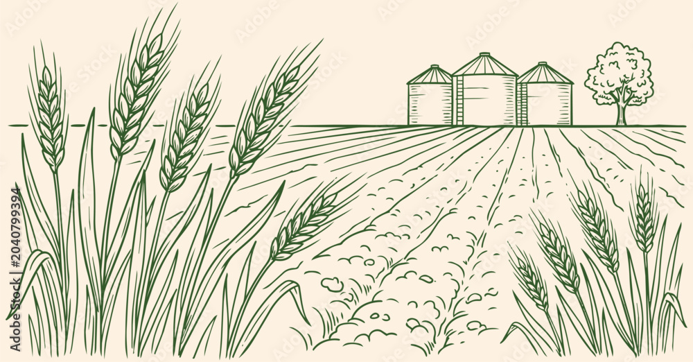 Fototapeta premium Rural Wheat Farm Landscape Illustration Featuring Agricultural Fields And Countryside Harvest Environment