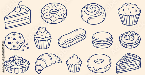 Obraz na płótnie Bakery Dessert Icon Set Hand Drawn Pastry Collection Donut Cupcake Croissant Cak