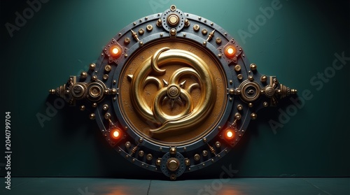 Steampunk mechanical circular emblem with glowing red lights and metallic bronze gears on a dark green background