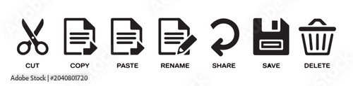 Selection of digital interface icons including cut copy paste rename share save and delete for applications.