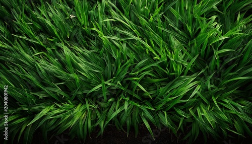 overhead view of lush green grass with dark textured ground