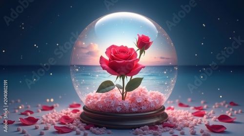 Beautiful red rose inside a glass dome with fallen petals on a dark night background with a bright full moon behind