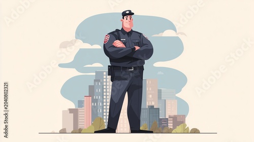 Police officer standing confidently in urban uniform, professional flat vector design, clean background, no text