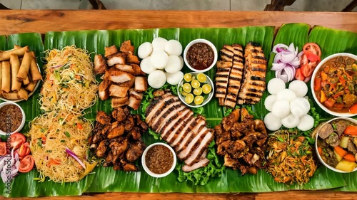 festive boodle fight meal table with traditional philippines delicacies video