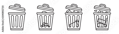 Bild auf Leinwand Line art trash can icons showing different levels of fullness and open lid for waste disposal and cleanup on transparent background