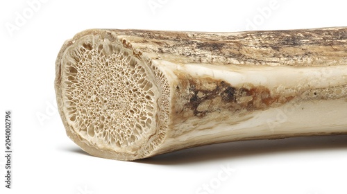 Macro cross section of a fossilized bone showing cancellous porous tissue structure isolated on a clean white background