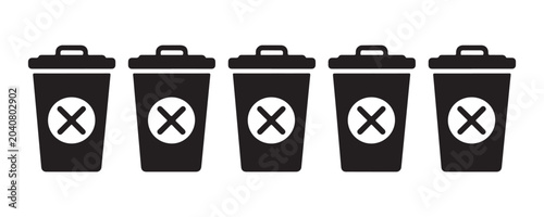 Billede på lærred Set of five trash can icons with a cross mark symbol inside indicating an error or deletion or invalid action